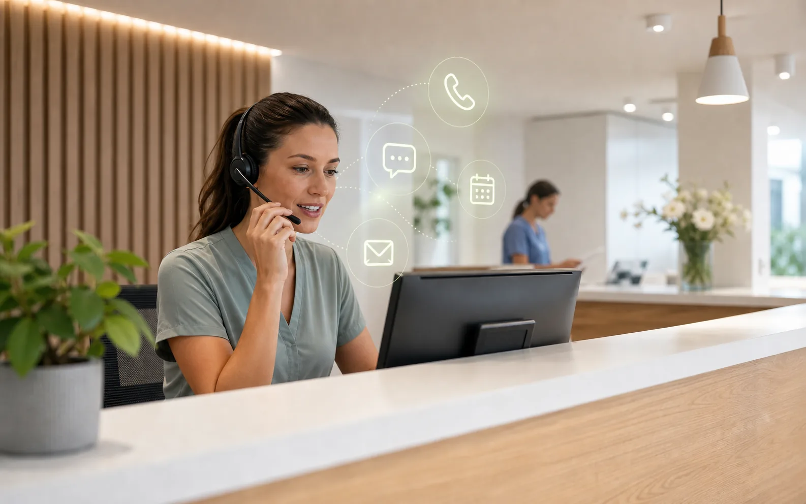 Ruhige Empfangssituation in einer fiktiven Arztpraxis mit telefonischer Anfrage und dezenten Automatisierungs-Symbolen