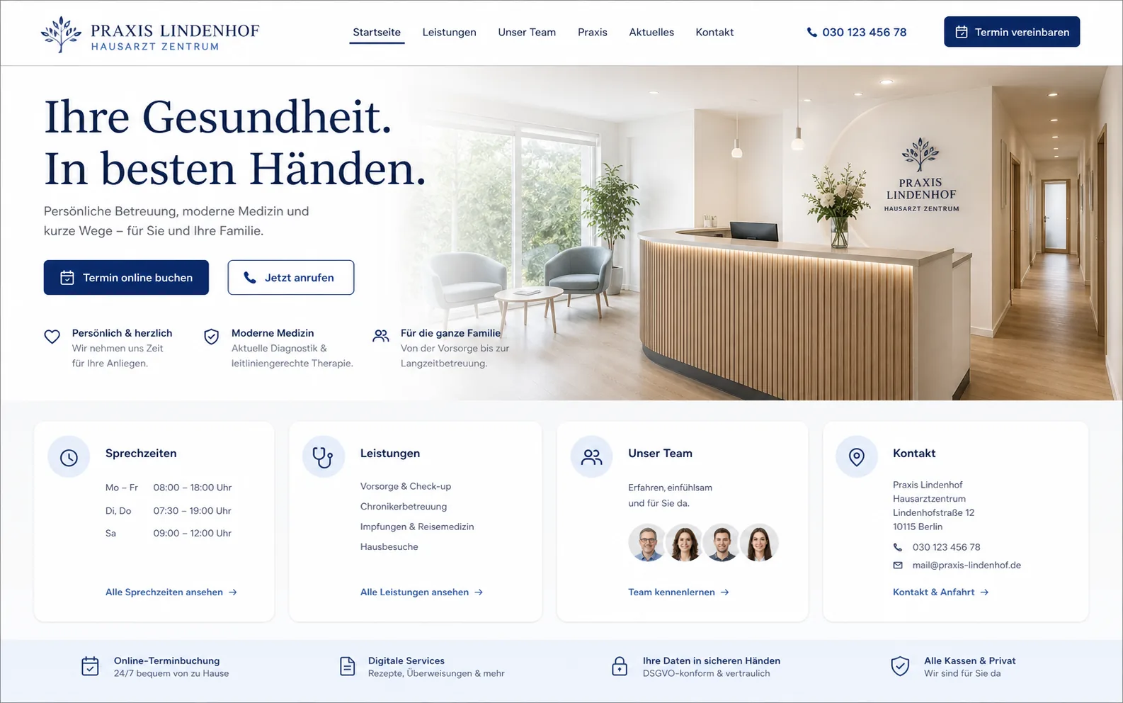 Beispielhafte moderne Website für eine fiktive deutsche Hausarztpraxis in eigenständigem medizinischem Design